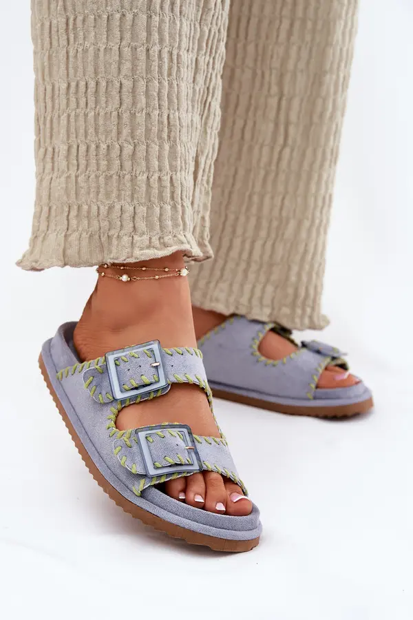 Boto Boto Ladies Slippers With Buckles And Decorative Edging Blue Visley