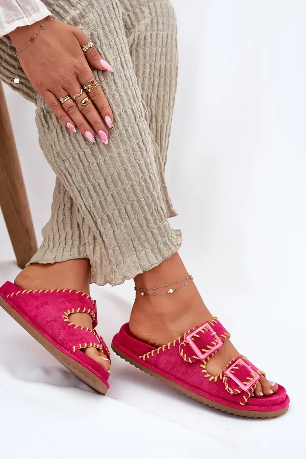 Boto Boto Ladies Slippers With Buckles And Decorative Trimming Fuchsia Visley