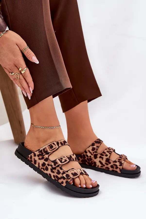 Boto Boto Ladies Slippers With Straps And Buckles In Leopard Print Brown Uliri