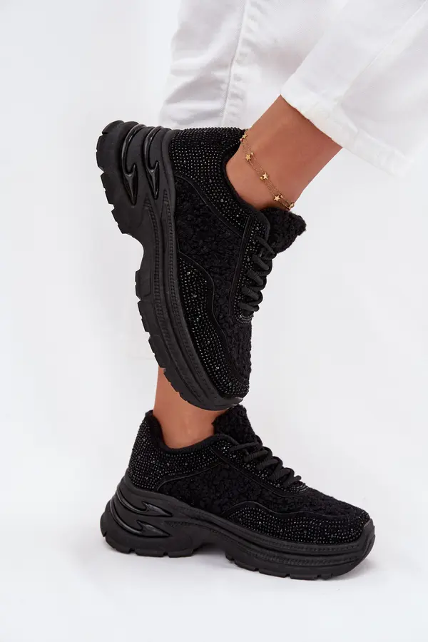 Boto Boto Ladies Sneakers With Rhinestones And Sheepskin Black Zarika