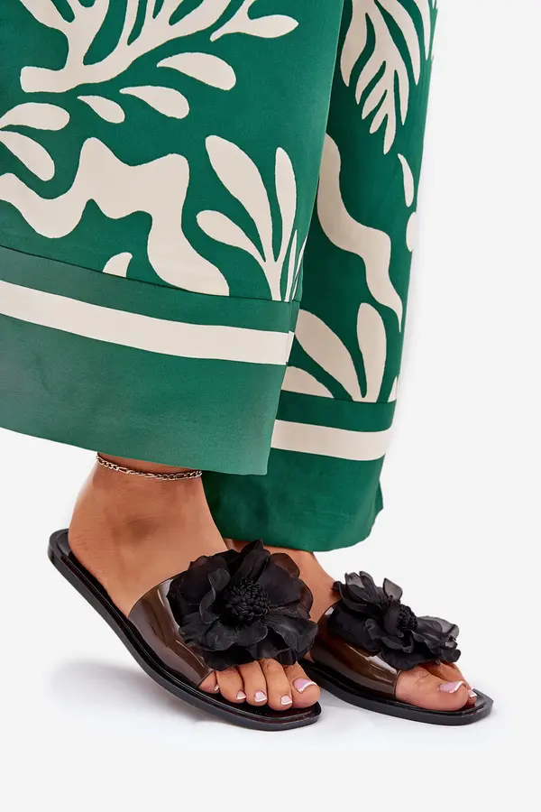 Boto Boto Transparent Flat Women's Slippers With Artificial Flower Black Vobetta