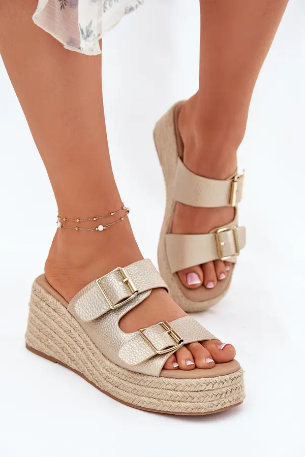 Boto Boto Wedge Sandals For Women With Braiding And Buckles Gold Pasinea
