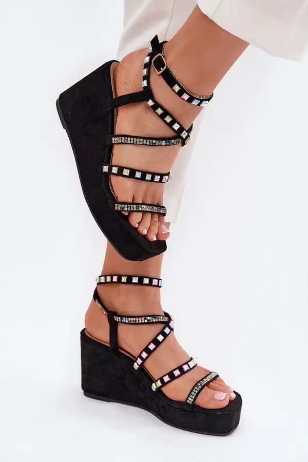 Boto Boto Wedge Sandals For Women With Decoration On Straps Black Lunara