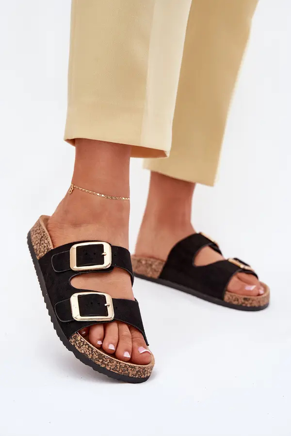 Boto Boto Women Slippers From Eco Suede Golden Buckles Black Vorella