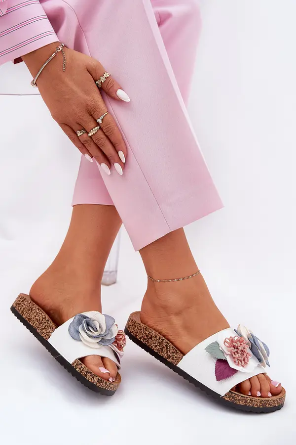 Boto Boto Women Slippers With Flowers On Cork Platform White Zinrosa