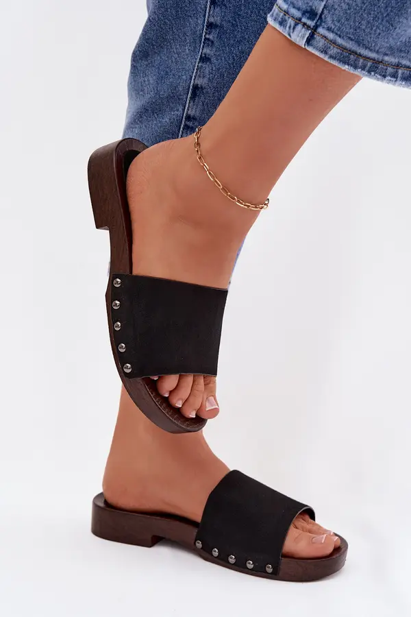 Boto Boto Women's Flat Black Studded Slides Amelvessa