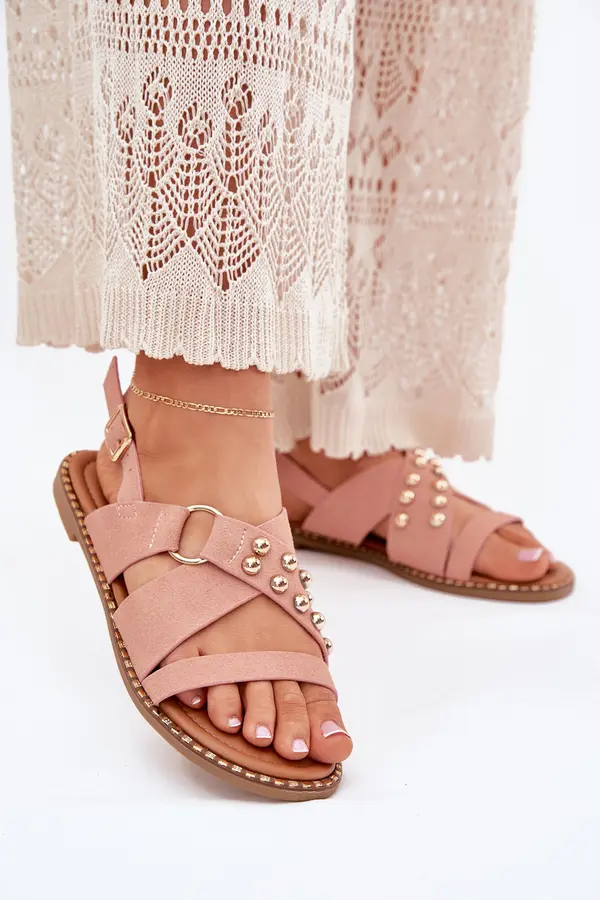 Boto Boto Women's Flat Heel Sandals With Golden Studs Pink Zanira