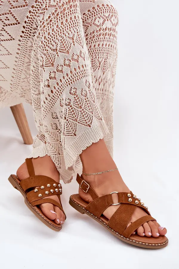 Boto Boto Women's Flat Sandals With Golden Studs Camel Zanira