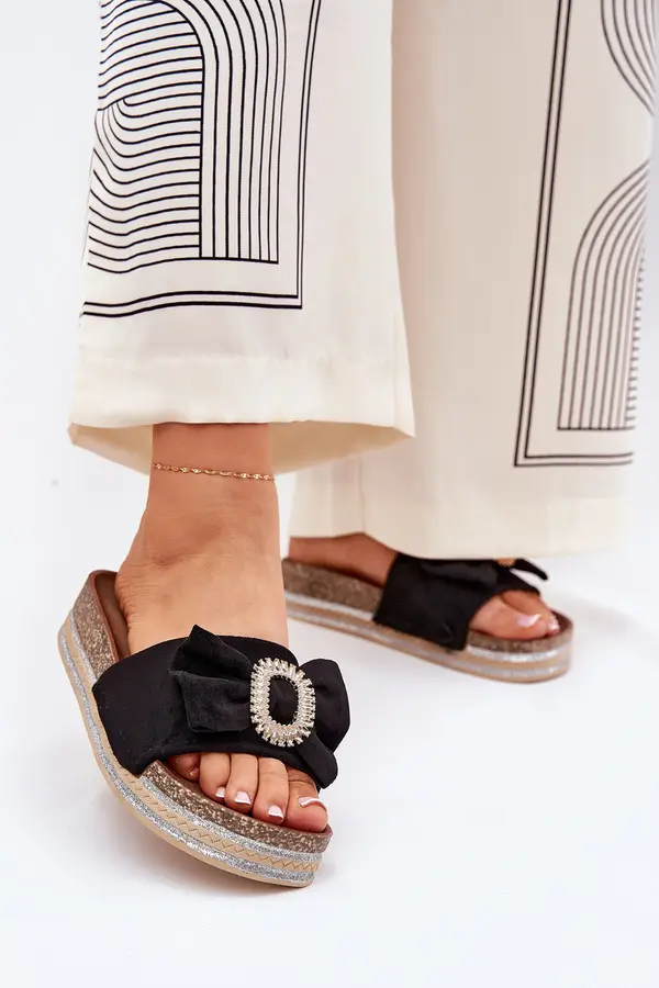 Boto Boto Womens Platform Sandals With Bow And Decorative Brooch Black Lenela