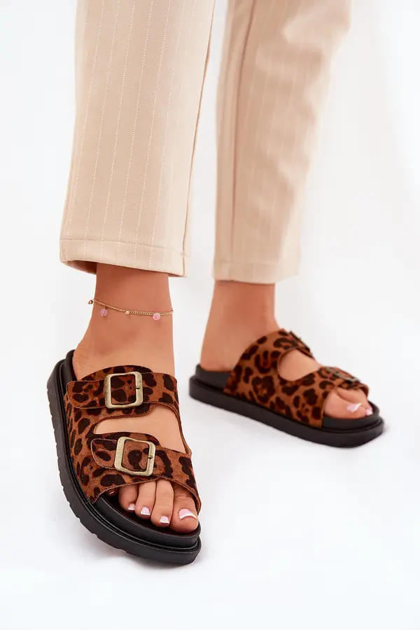 Boto Boto Women's Platform Slides With Leopard Print And Buckles Brown Simbes