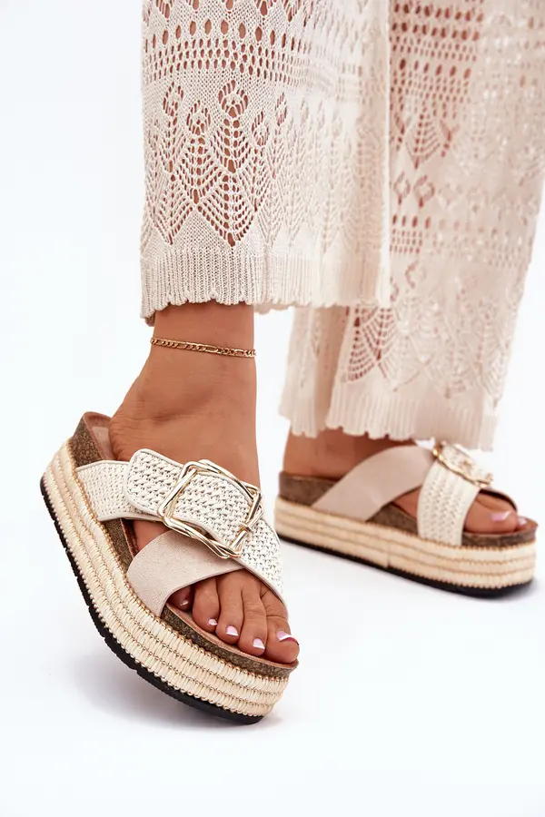 Boto Boto Women's Platform Slippers With Weaving And Golden Buckle Beige Filazzia
