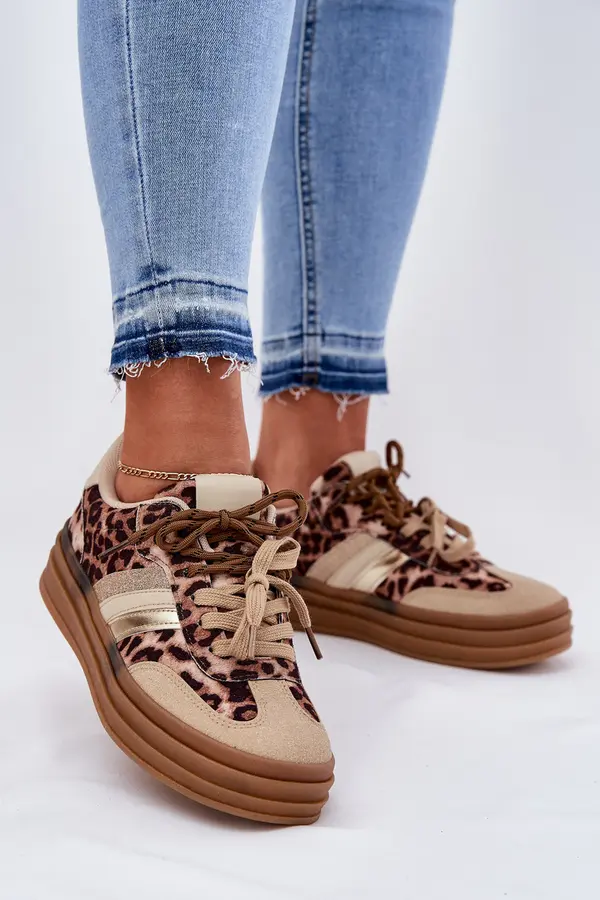 Boto Boto Women's Platform Sneakers With Double Lacing Leopard Beige Niteria