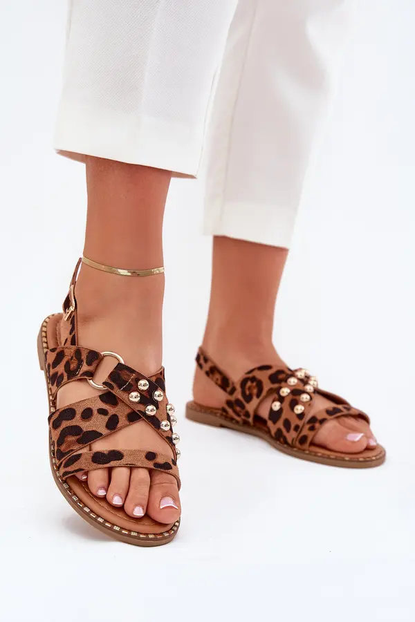 Boto Boto Womens sandals on flat heel with golden studs leopard print Zanira