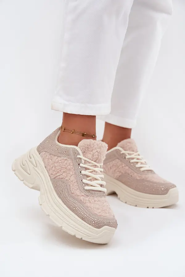 Boto Boto Women's Sneakers With Rhinestones And Sheepskin Light Beige Zarika