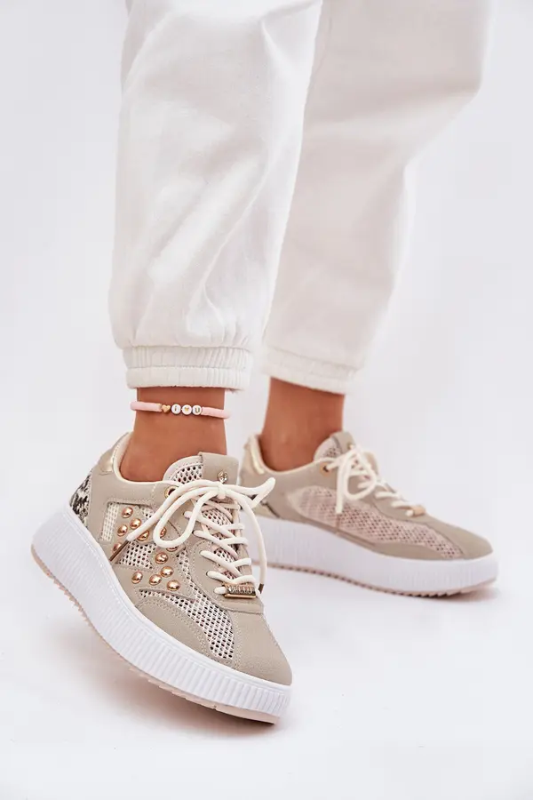Boto Boto Women's Sports Shoes With Mesh And Studs Beige Ogalda