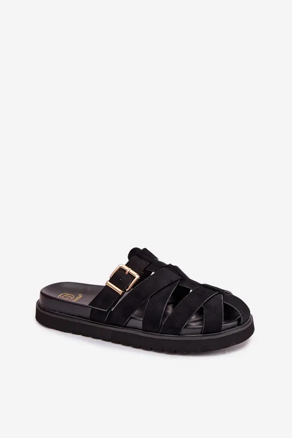 Boto Boto Women's Strappy Black Roselisse Slides with Gold Buckle