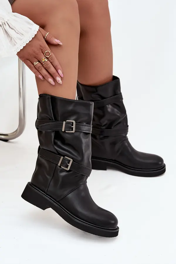 Boto Boto Wrinkled Women's Boots To The Middle Of The Calf With Straps And Buckles Black Halvessa