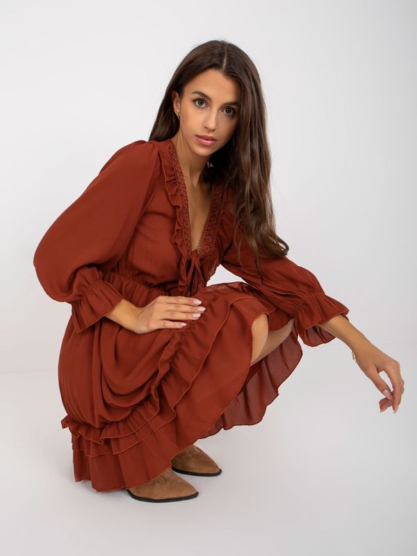 Fashionhunters Brick red minidress with ruffle in boho style OCH BELLA