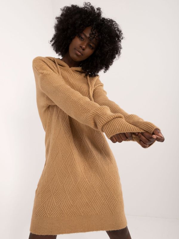 Fashionhunters Brown knitted dress with a hood