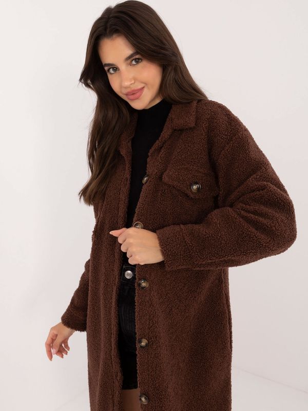 Fashionhunters Brown long bouclé shirt with pockets