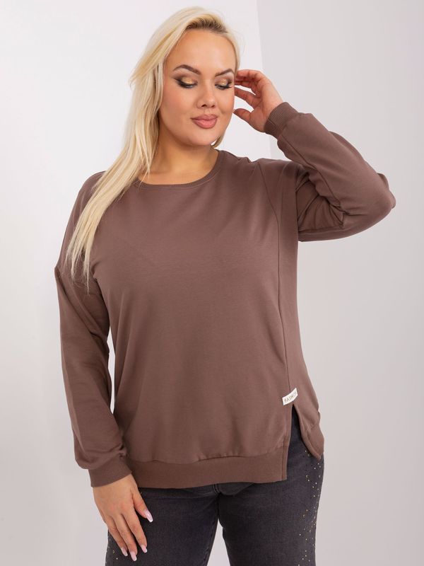 Fashionhunters Brown plus size blouse with a round neckline