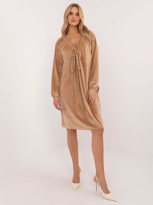 Fashionhunters Brown velour dress with long sleeves