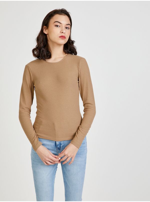 Only Brown Women's Ribbed T-shirt with neckline ONLY Nella - Women