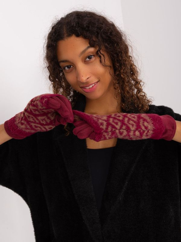 Fashionhunters Burgundy warm gloves with patterns