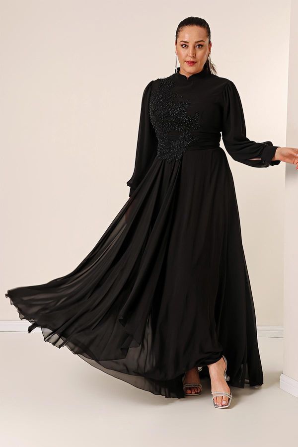 By Saygı By Saygı Beaded Embroidered Lined Plus Size Long Chiffon Dress with Flounce on the Front