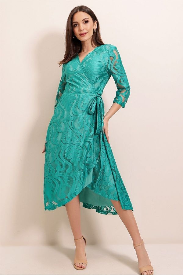 By Saygı By Saygı Double-breasted Collar Lined, Wrapped Lace Dress Turquoise