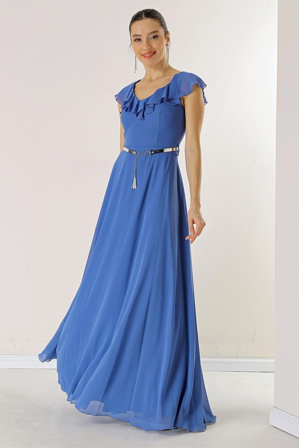 By Saygı By Saygı Flounce Collar Waist Belt Lined Long Chiffon Dress