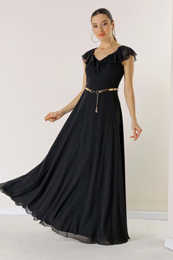 By Saygı By Saygı Flounced Collar, Belted Waist, Lined Long Chiffon Dress