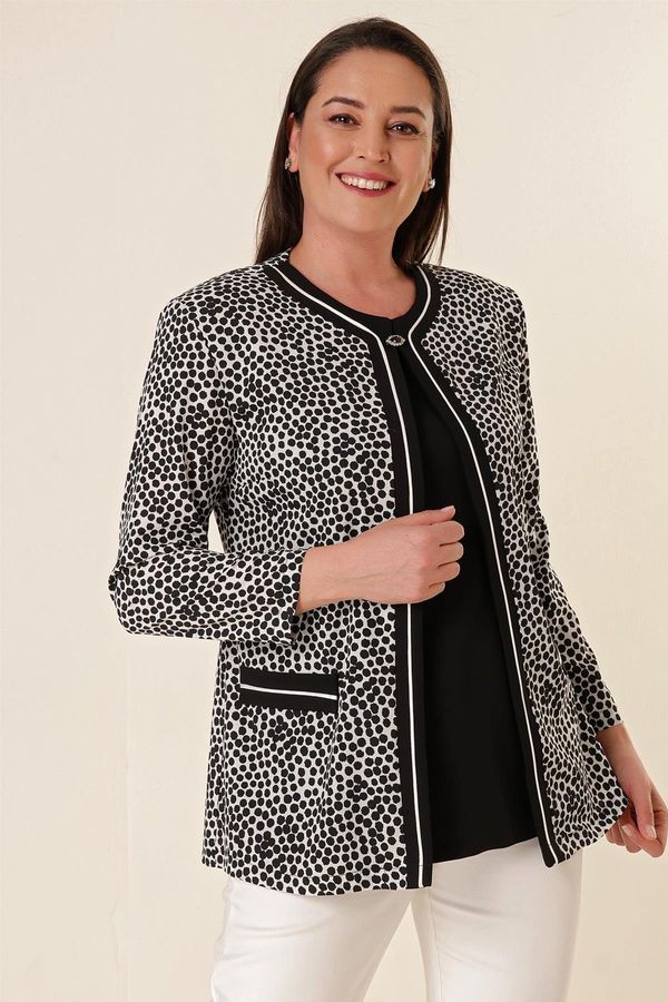 By Saygı By Saygı Lycra Inner Athletic Polka Dot Plus Size Crepe Satin Jacket With Fake Pocket