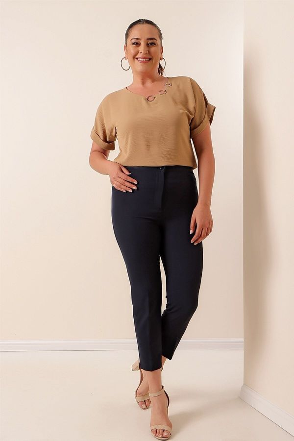 By Saygı By Saygı Navy Blue Large Size Lycra Plus Size Trousers With Elastic Waist Pocket