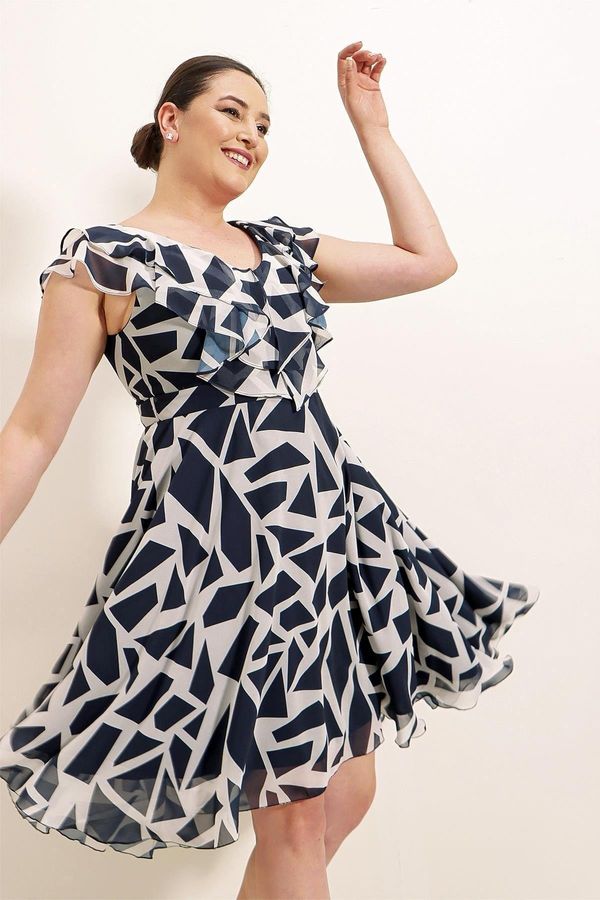By Saygı By Saygı Plus Size Chiffon Dress with Ruffle Collar, Geometric Pattern and Lined