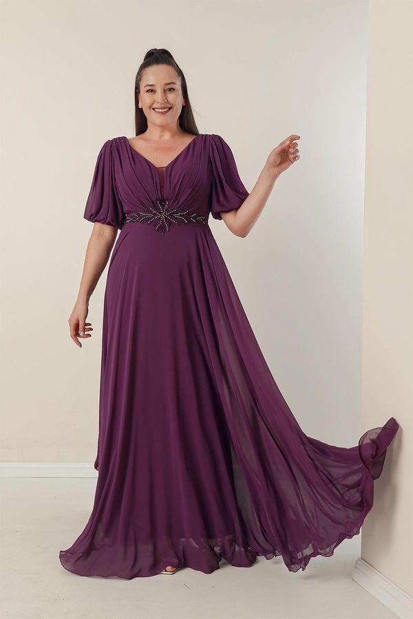 By Saygı By Saygı Plus Size dolga obleka Chiffon z V-vratom sprednji oblečeni pas in podložen spredaj zadaj