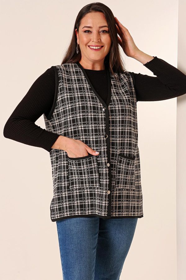 By Saygı By Saygı Plus Size Knitwear Vest with Metal Buttons on the Front, Plaid Pattern and Pockets