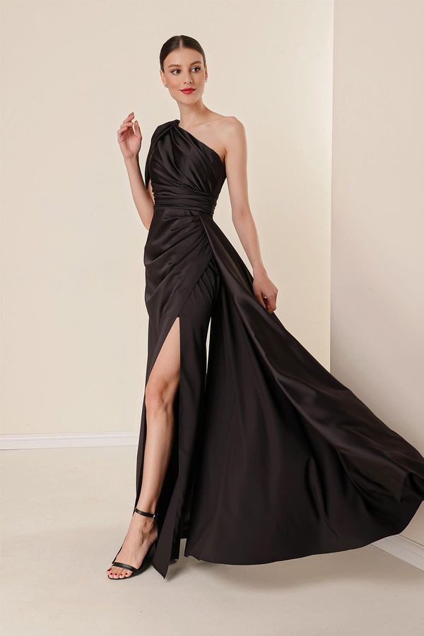 By Saygı By Saygı Single Sleeve Front Draped Lined Satin Long Dress