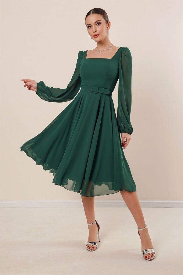 By Saygı By Saygı Square Neck Waist Belted Lined Flared Chiffon Dress Emerald