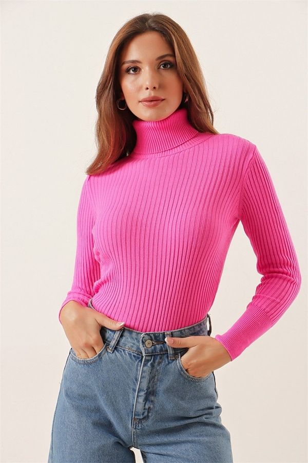 By Saygı By Saygı Turtleneck Lycra Akrilni pletilni pulover široke velikosti Saks