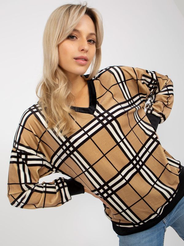 Fashionhunters Camel and black plaid velour blouse from RUE PARIS