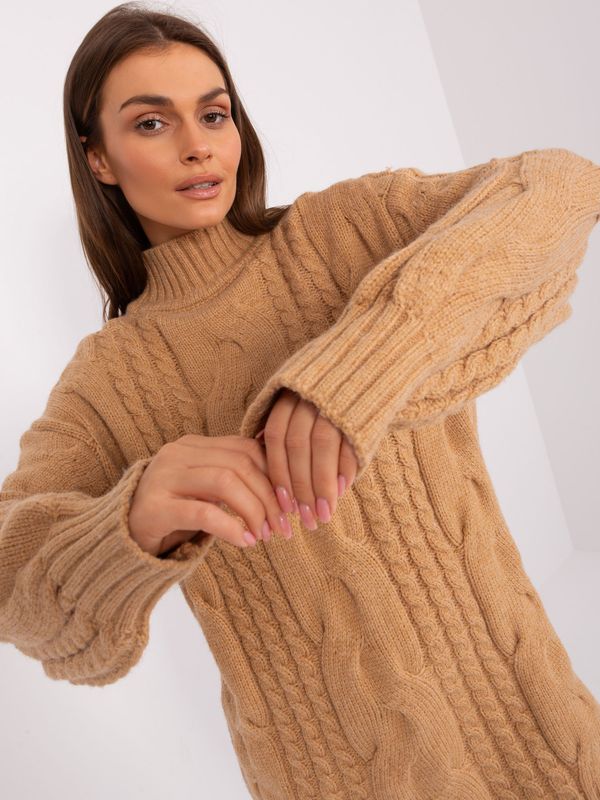 Fashionhunters Camel, loose knitted dress up to the knees