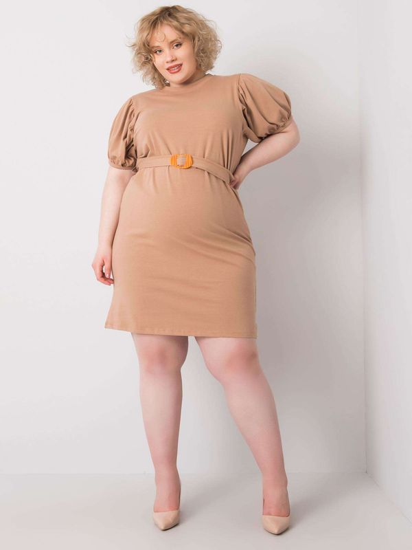 Fashionhunters Camel size plus dress with decorative sleeves