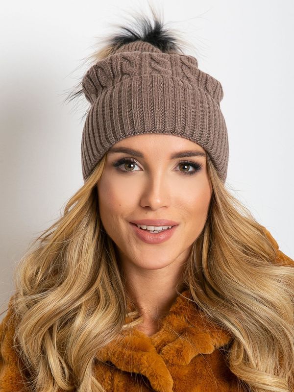 Fashionhunters Cap with tie and fur pompom, dark beige