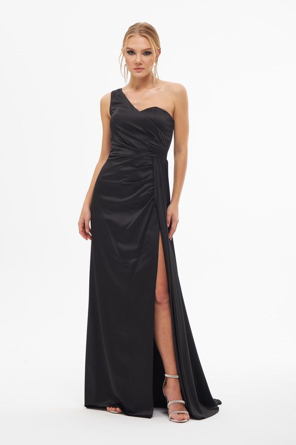 Carmen Carmen Black Satin One-Shoulder Slit Long Evening Dress
