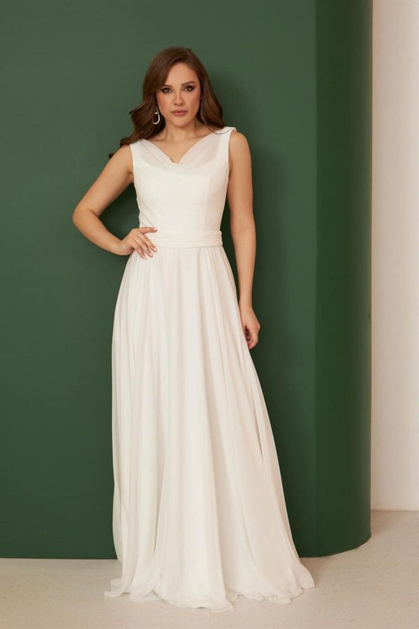 Carmen Carmen Ecru Chiffon Off Shoulder Neckline Long Wedding Dress