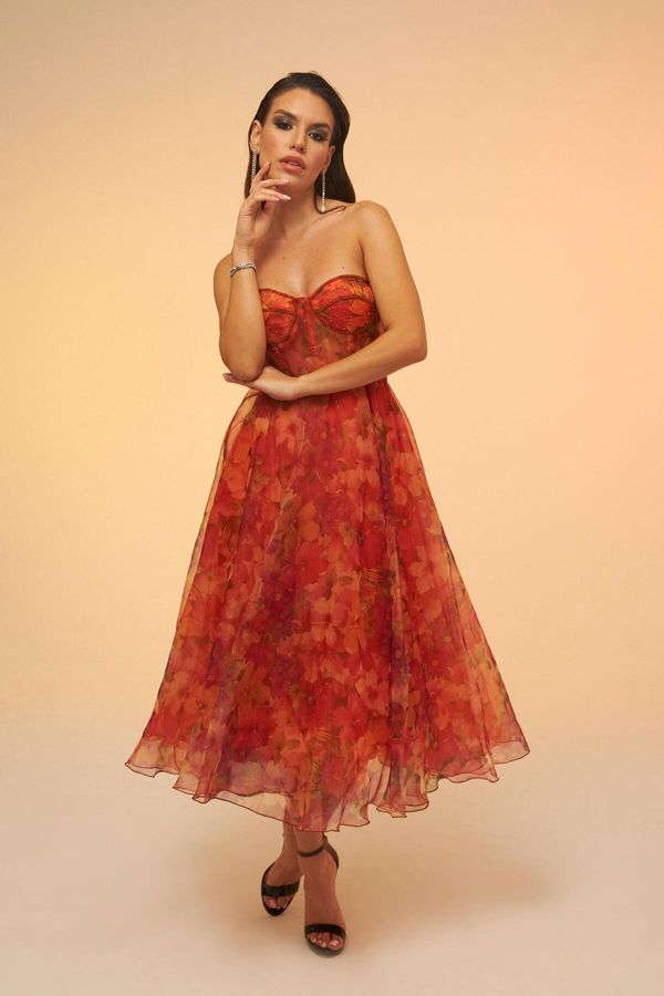 Carmen Carmen Orange Print Strapless Midi Engagement Evening Dress