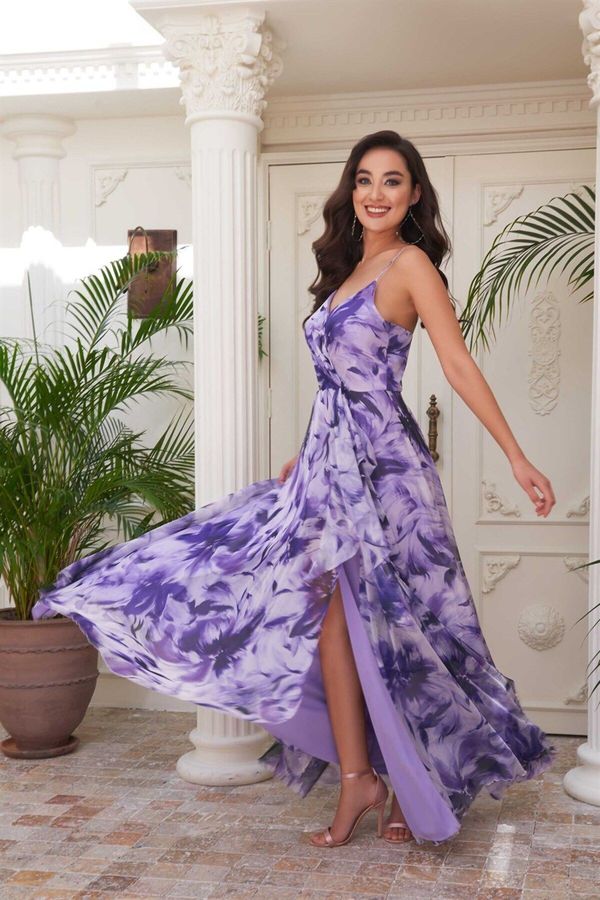 Carmen Carmen Purple Printed Strap Long Evening Dress
