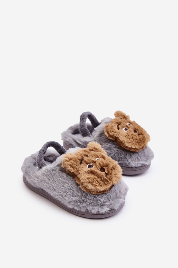 Kesi Children's fur slippers with teddy bear, Grey Dicera