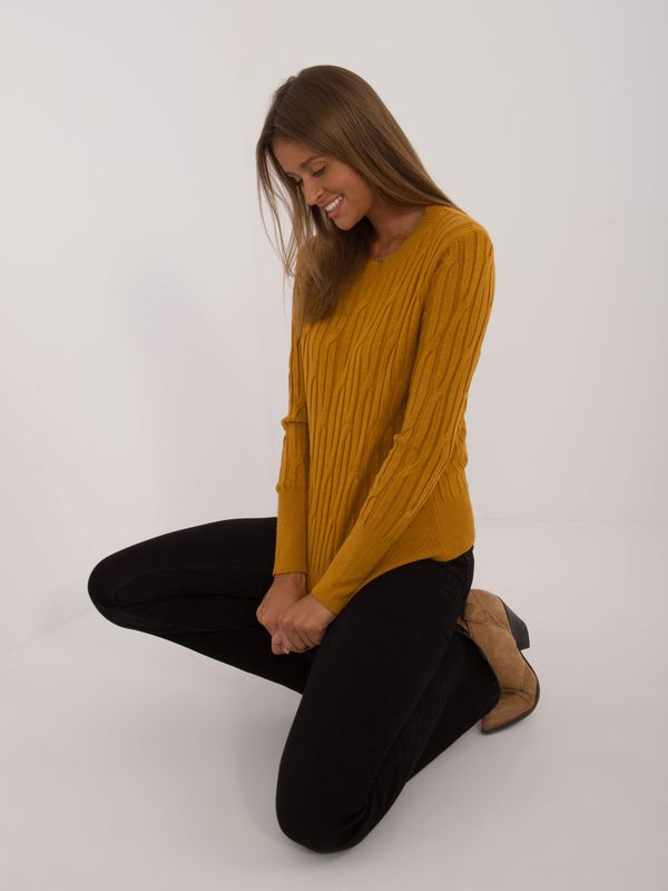 Fashionhunters Classic dark yellow sweater with a round neckline